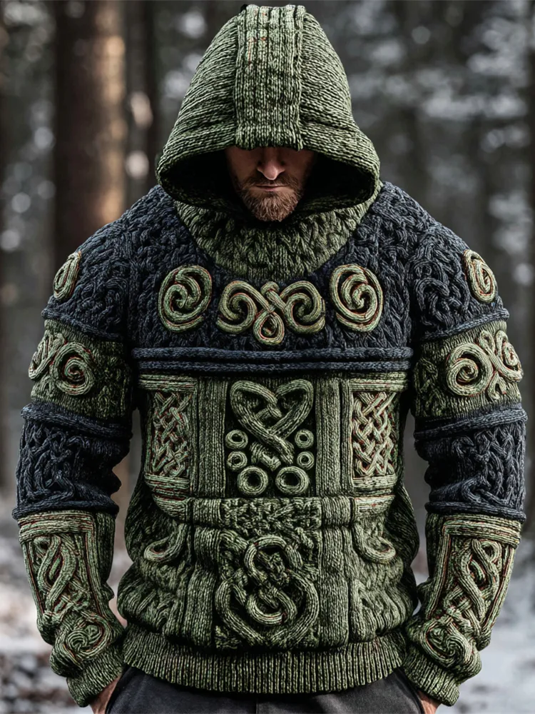 Retro Viking Totem Men's Hooded Knit Sweater