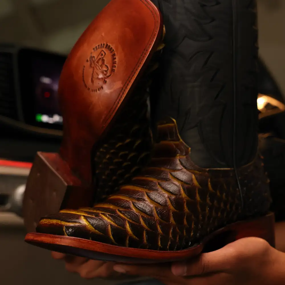 “Bumblebee” Brown Jumbo Python Leather Boots - Square Toe