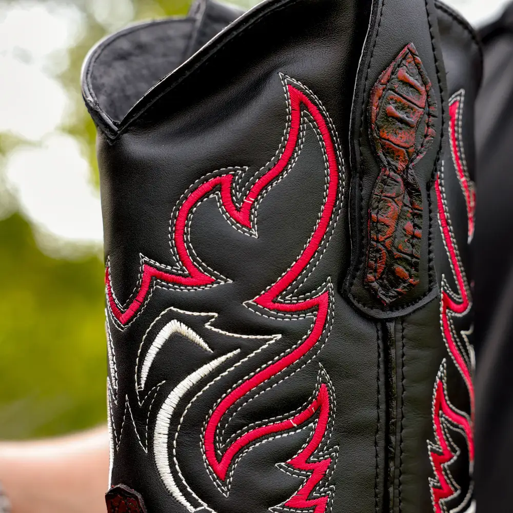 Black Cherry Caiman Hornback Leather Boots - Round Toe