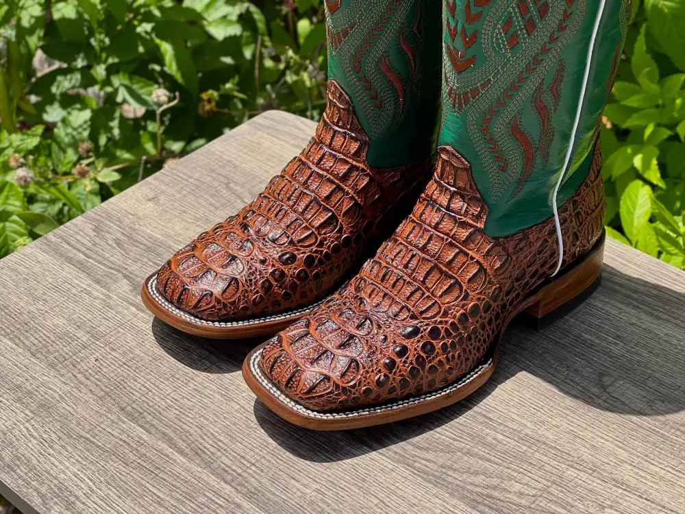 Men’s Cognac Crocodile Leather Boots With Green Shaft