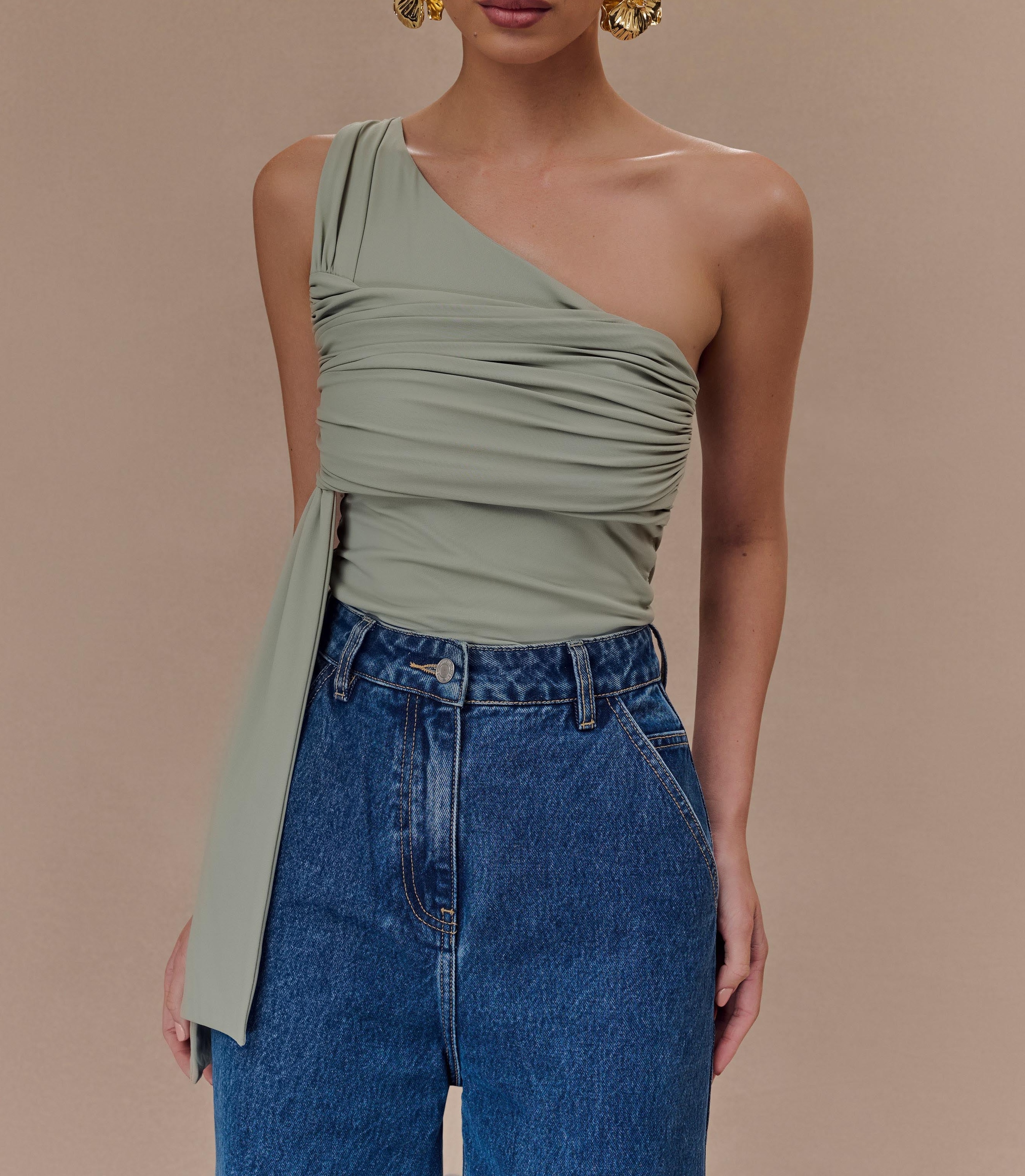 Basil One Shoulder Recycled Nylon Top With Drape