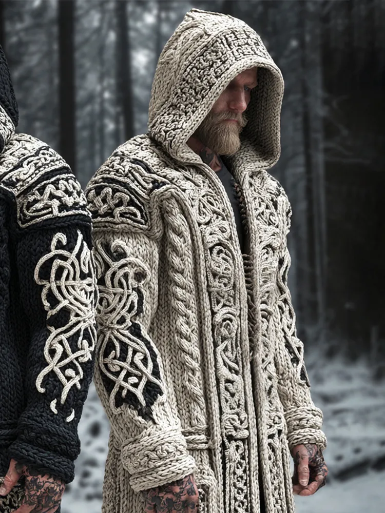 Viking & Celtic Knot Art Men's Hooded Knit Long Cardigan