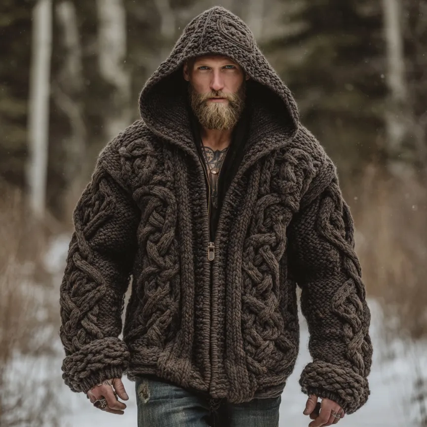 Men's Vintage Viking Celtic Knot Art Chunky Knit Hooded Zip-up Sweater