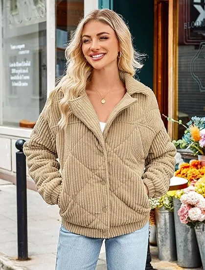Women's Bomber Jacket Corduroy Ribbed Quilted Zip Up Long Sleeve Winter Coat Fall Outerwear Tops with Pockets