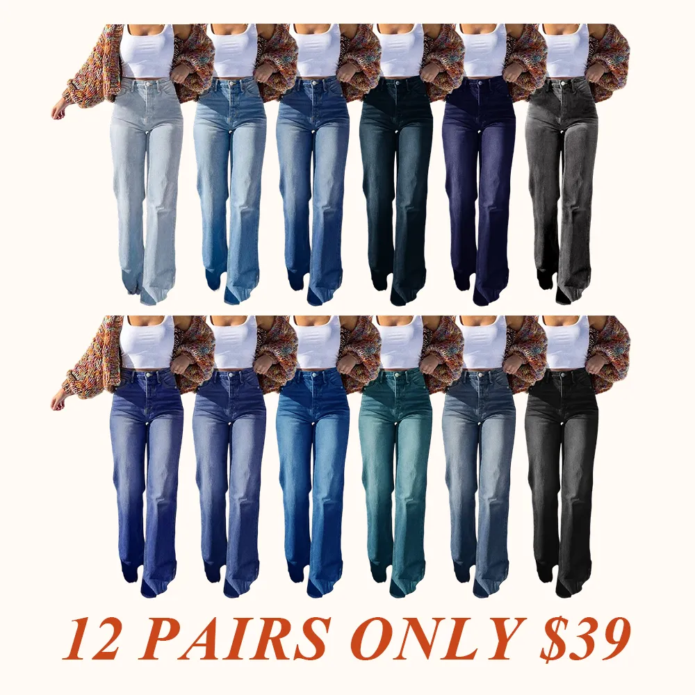 Women's Elastic Washed Casual Light Blue Wide-Leg Jeans