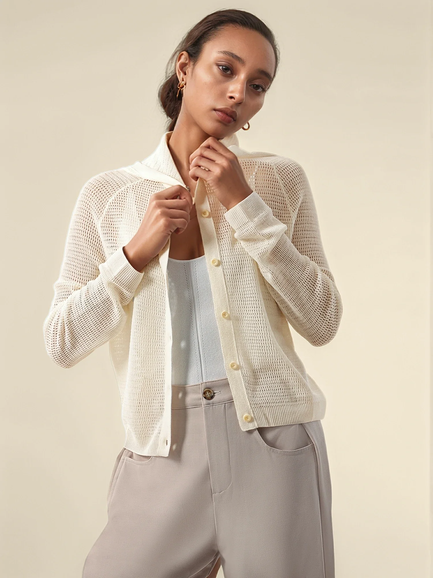 Linen & Lyocell Hooded Long Sleeve Hollow Cardigan