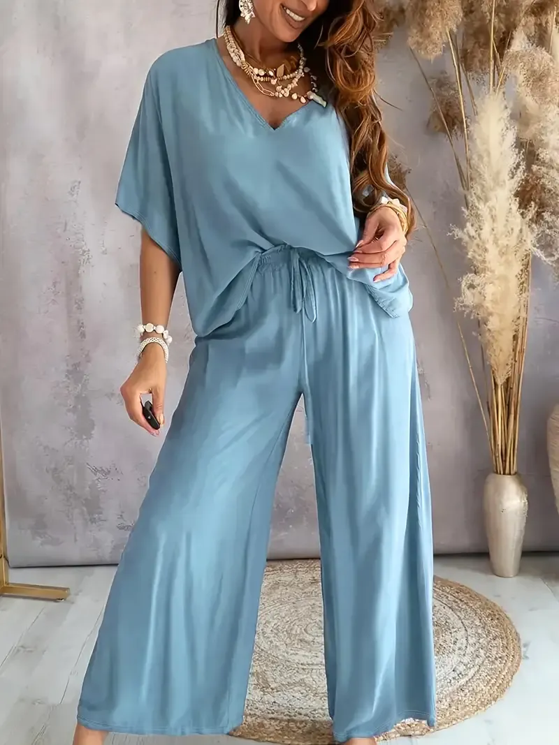 Women's Casual Solid Color Pants Set with V-Neck Top and Wide Leg Pants