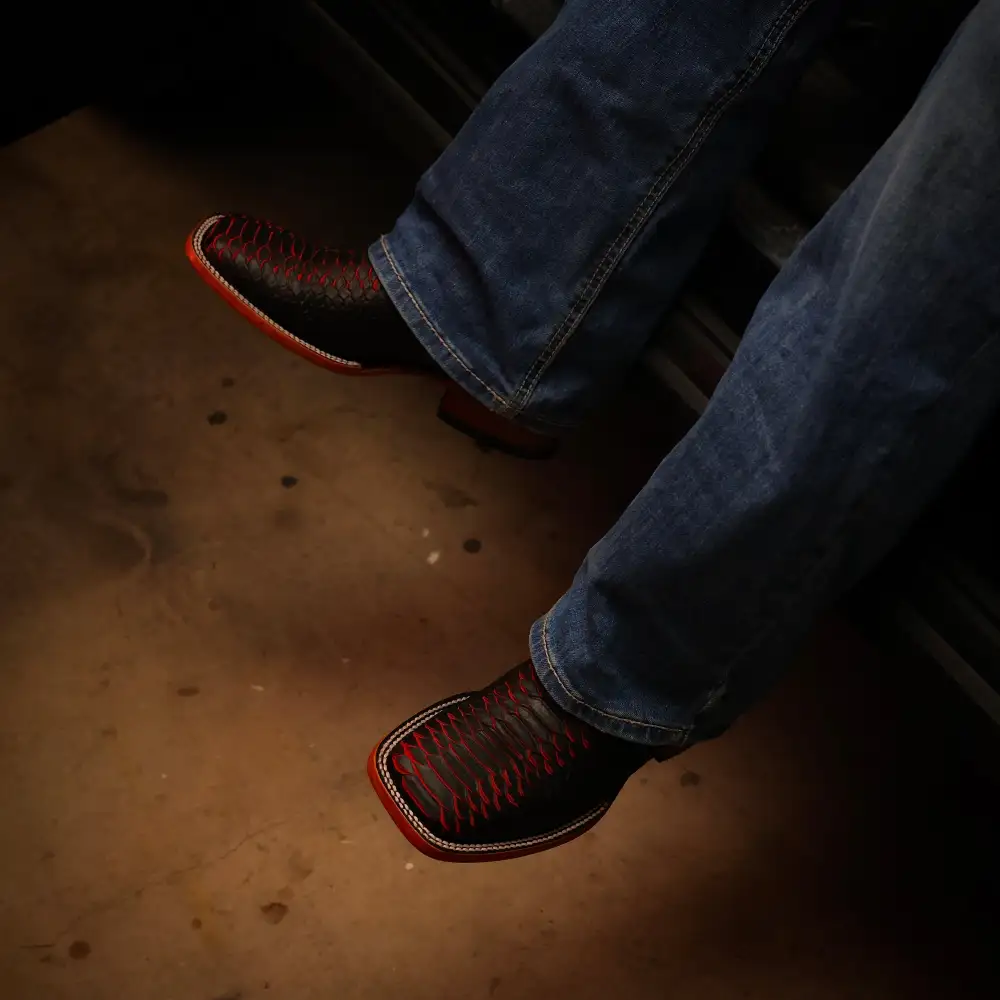 Matte Black Cherry Python Leather Boots - Square Toe