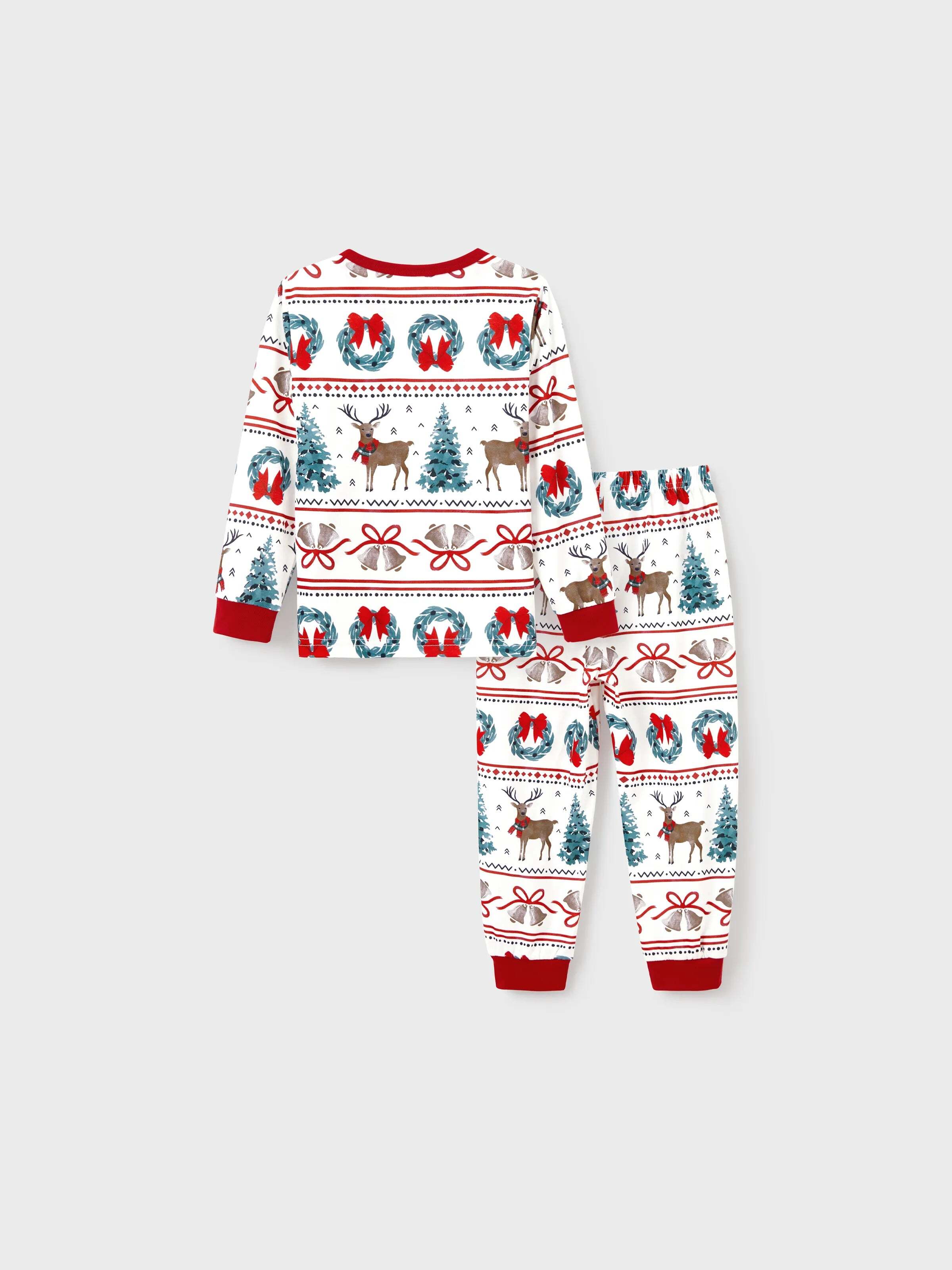 Christmas Matching Family Pajamas Set Christmas Elk and Bell Print Striped PJS with Christmas Socks White