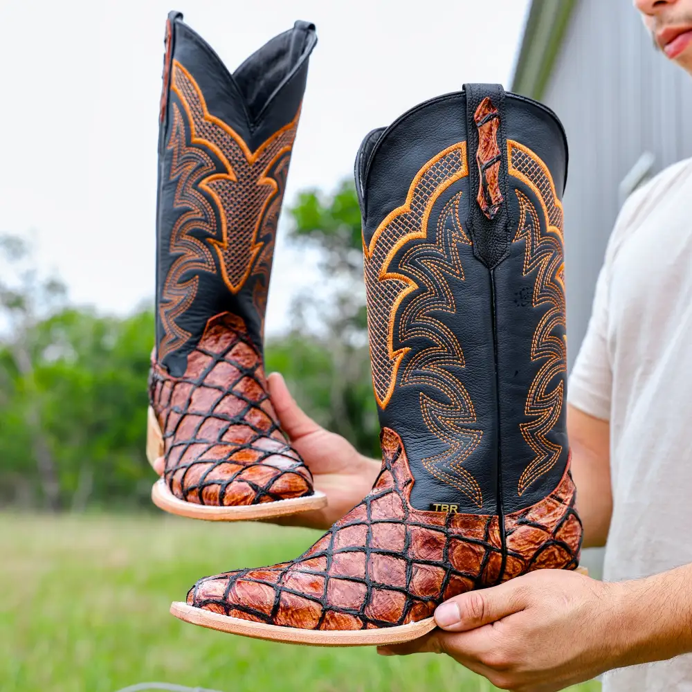 Cognac Pirarucu Leather Boots - Square Toe