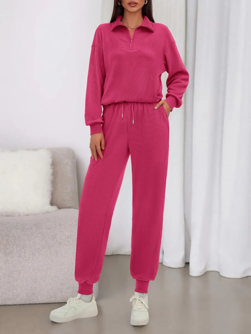 Women's Long Sleeve Half Zip Sweatshirt Sweatpants Lounge Set Sweatsuits with Pockets