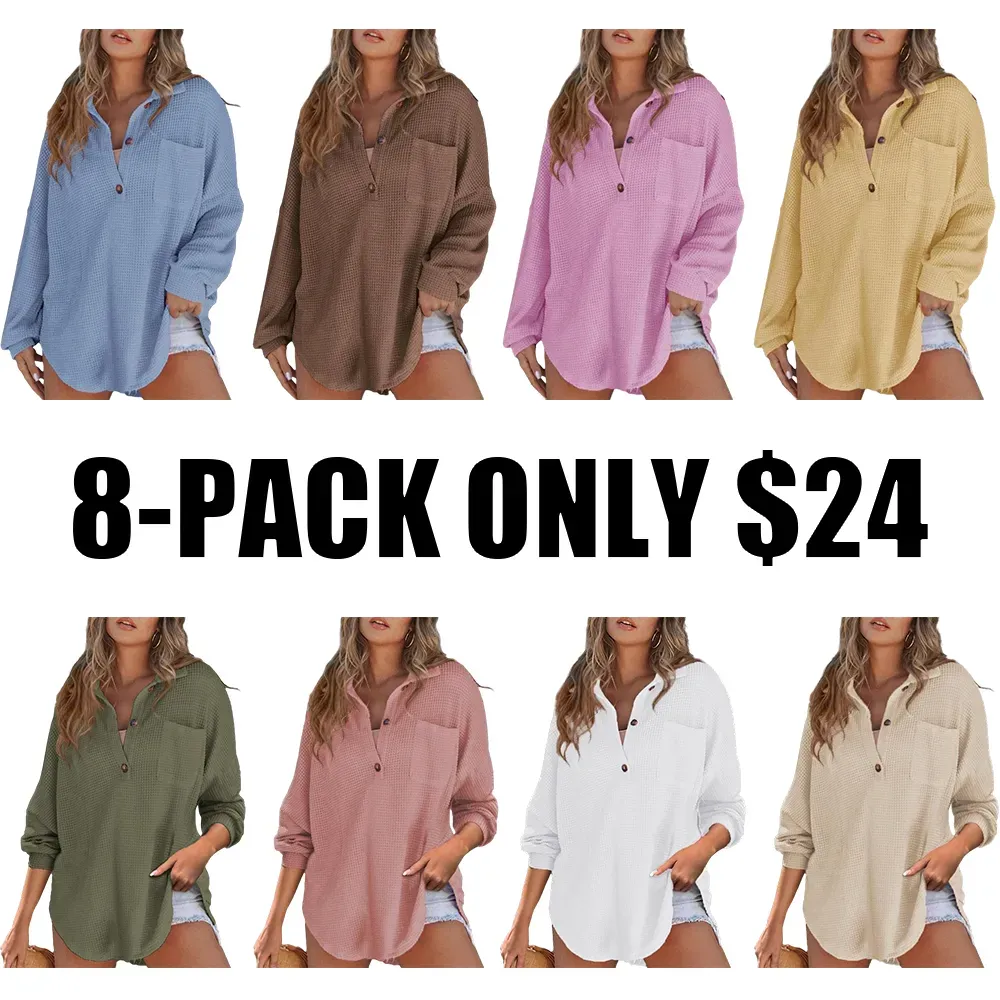 Women's Waffle Henley Shirt Tops