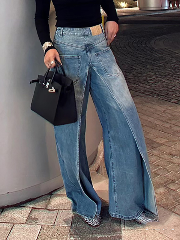 Pockets Reversible False Two Wide Leg Jean Pants Bottoms