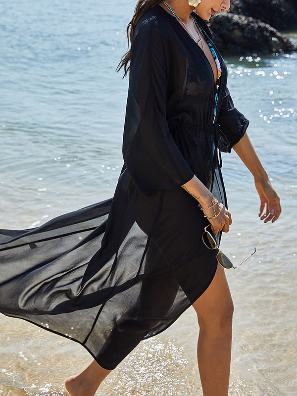 Chiffon Tunicshang Solid Color Long Sleeve Cover-Ups Tops