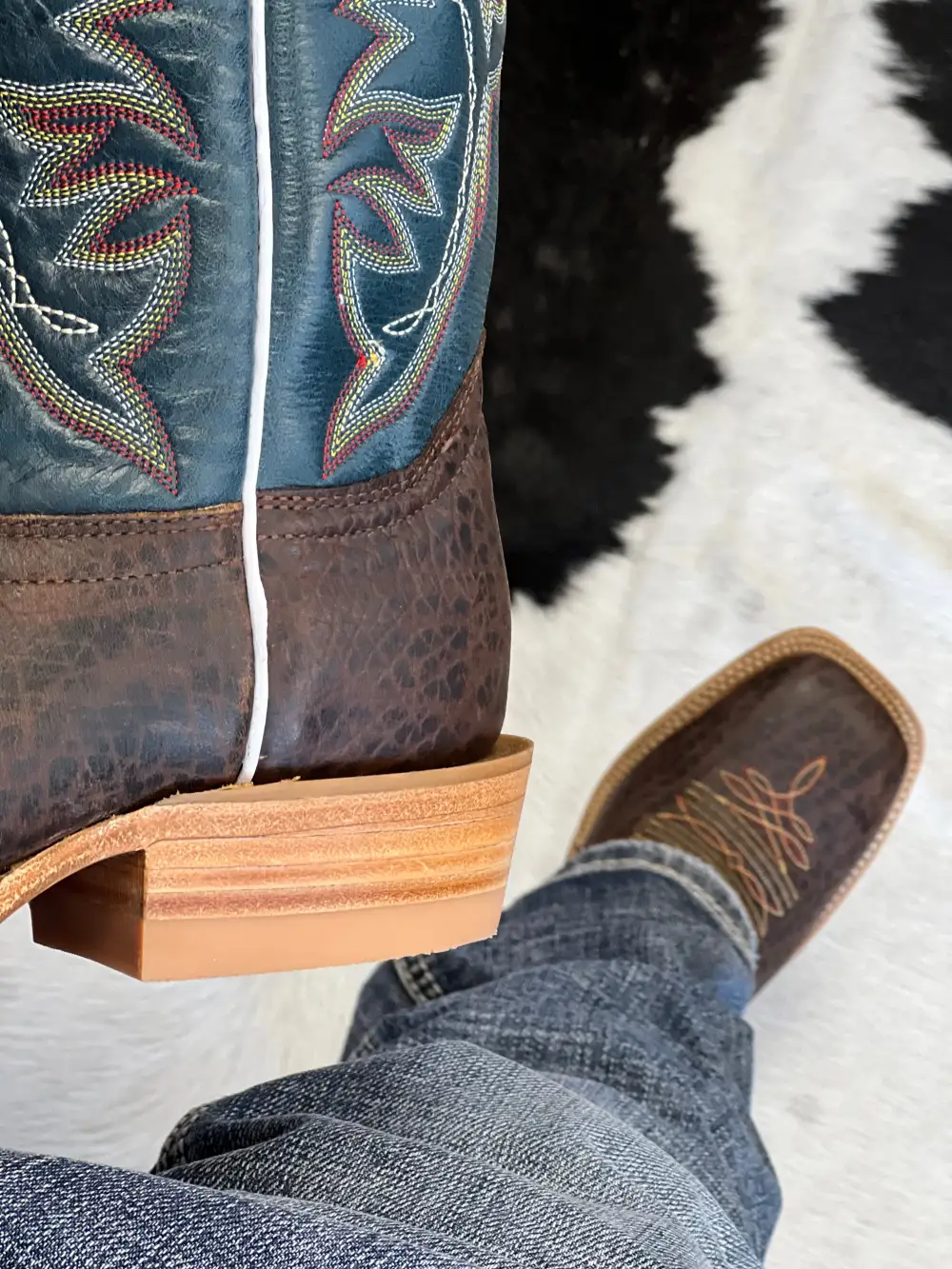 Men’s Brown Bull Hide Leather Boots With Dark Blue Shaft