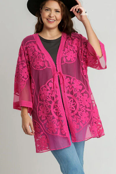Elegant Floral Lace Open Front Kimono Sleevee Cover Up with Waist Tie