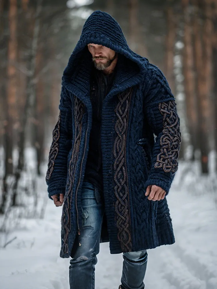 Men's Vintage Viking Celtic Knot Art Chunky Knit Mid-length Hooded Cardigan Sweater