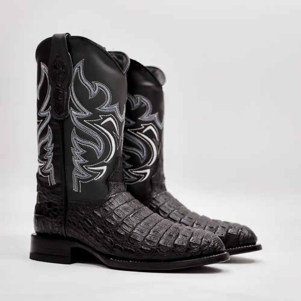 Black Caiman Hornback Leather Boots - Round Toe