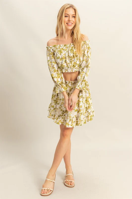 Floral Off-Shoulder Flounce Sleeve Top and Skirt Set