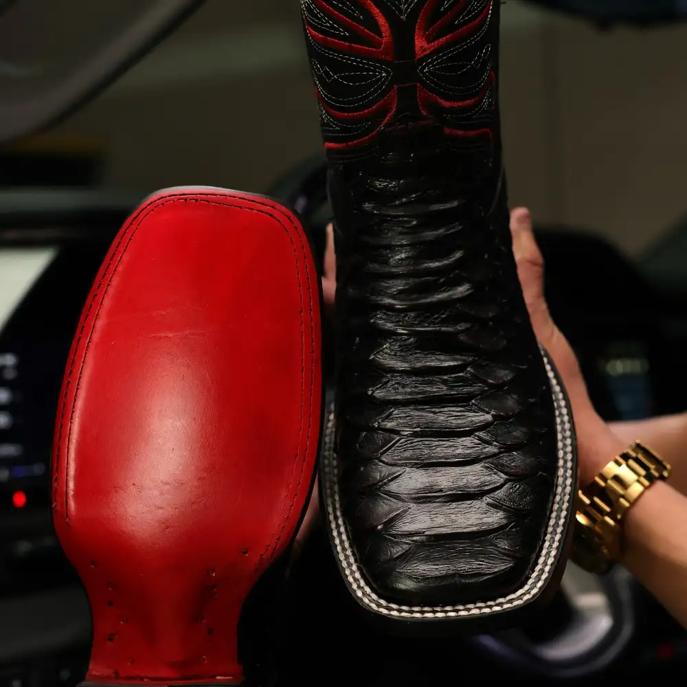 Black Cherry Anaconda Leather Boots - Square Toe