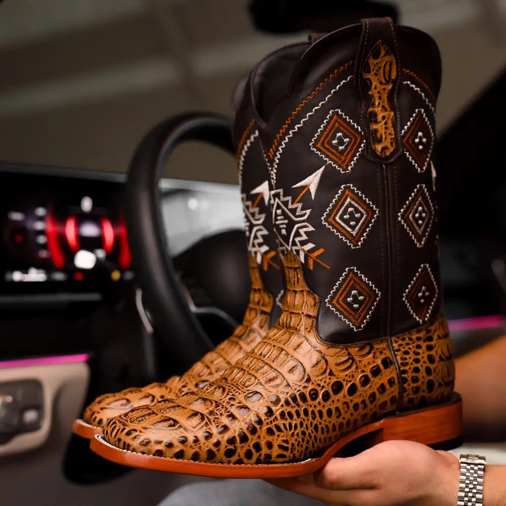 Honey Caiman Neck Leather Boots - Square Toe