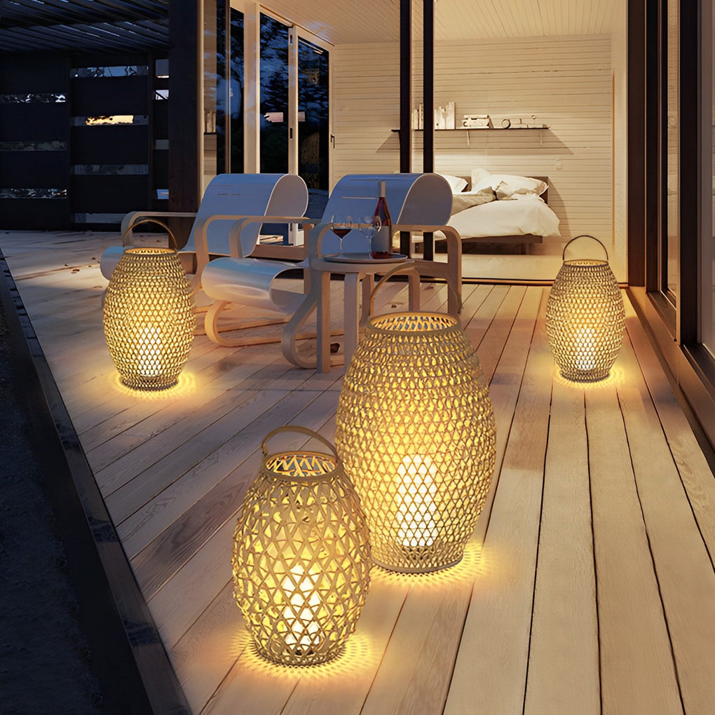 Portable Bamboo Rattan Lanterns Shape Waterproof LED Modern Lawn Light