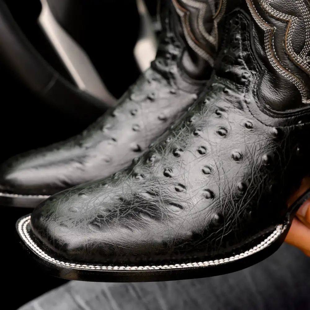 Black Ostrich Leather Boots - Square Toe