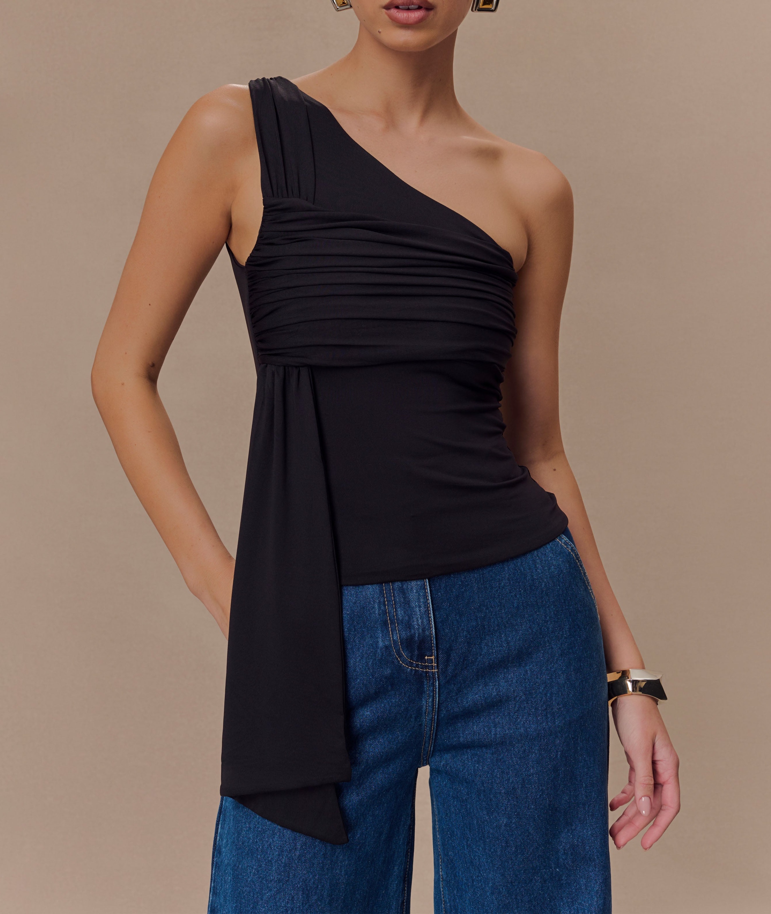 Black One Shoulder Recycled Nylon Top With Drape