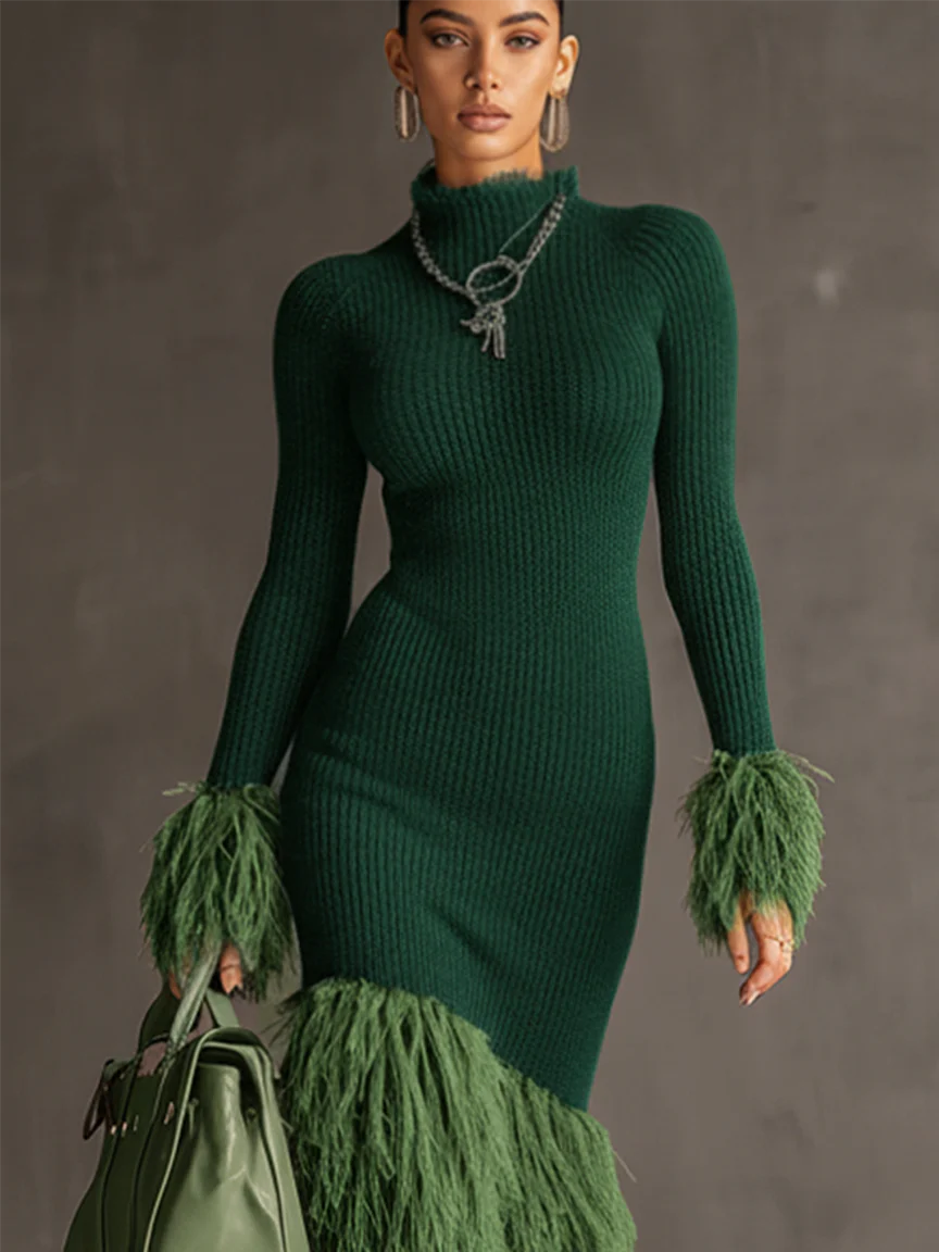Emerald Knit Patchwork Eco Faux Fur Long Sleeve Bodycon Dress