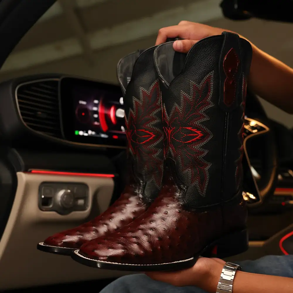 Wine Ostrich Leather Boots With Black Shaft - Square Toe