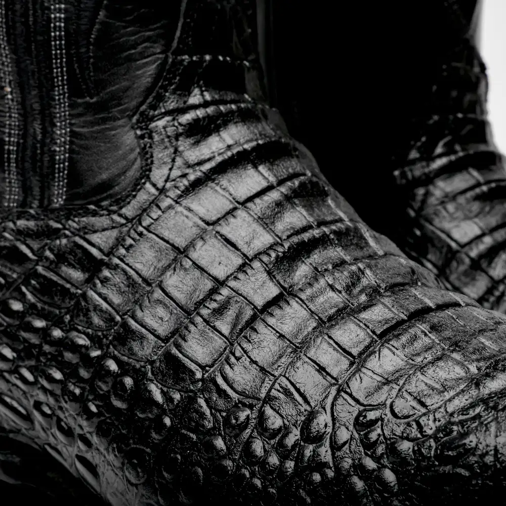 Total Black Caiman Belly Leather Boots - Square Toe