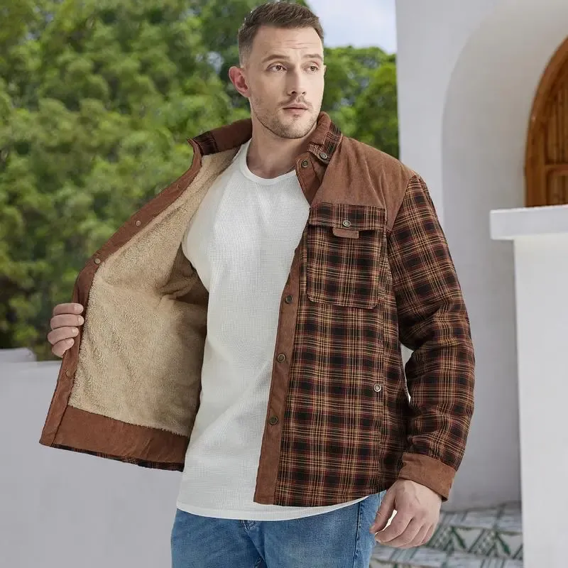 🔥Promotion Day Sale🔥Men's Sherpa Lined Plaid Jacket – Warm Fleece Outdoor Shirt Coat with Pockets