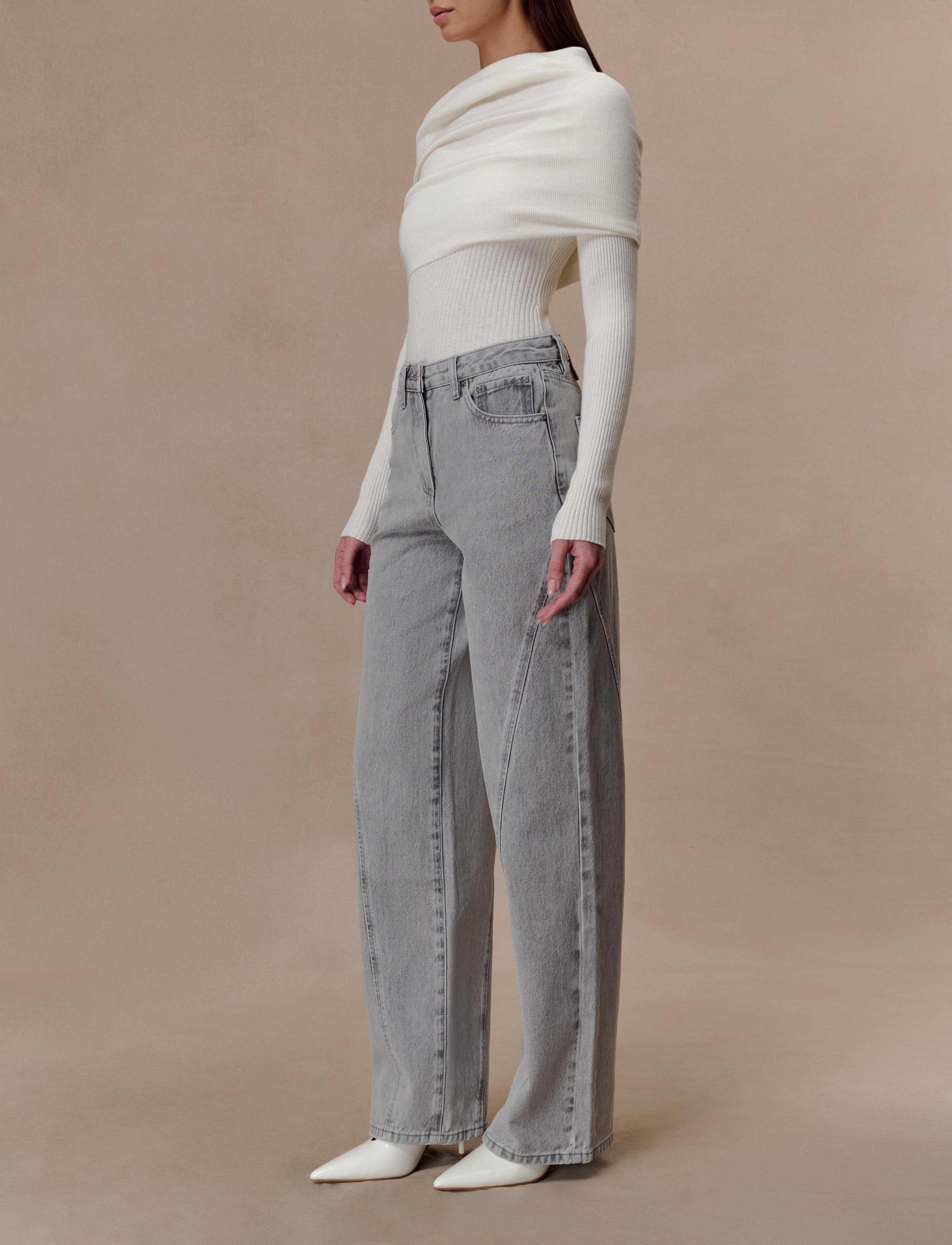 Ivory Asymetrical Cashmere Blend Long Sleeve Knit Top