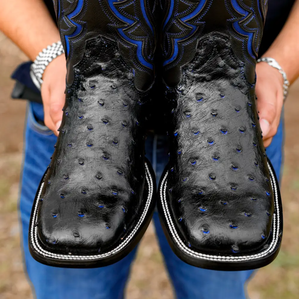 Black/Blue Ostrich Leather Boots - Square Toe
