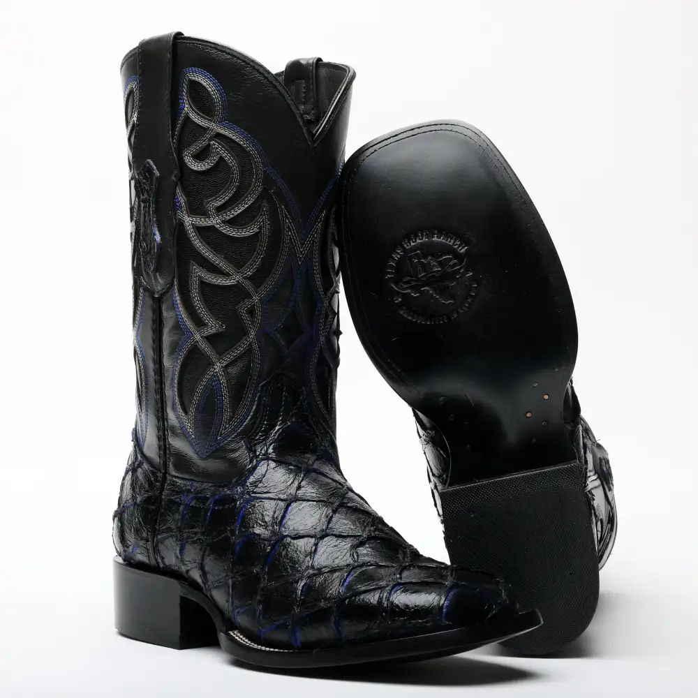 Black/Blue Pirarucu Leather Boots - Square Toe