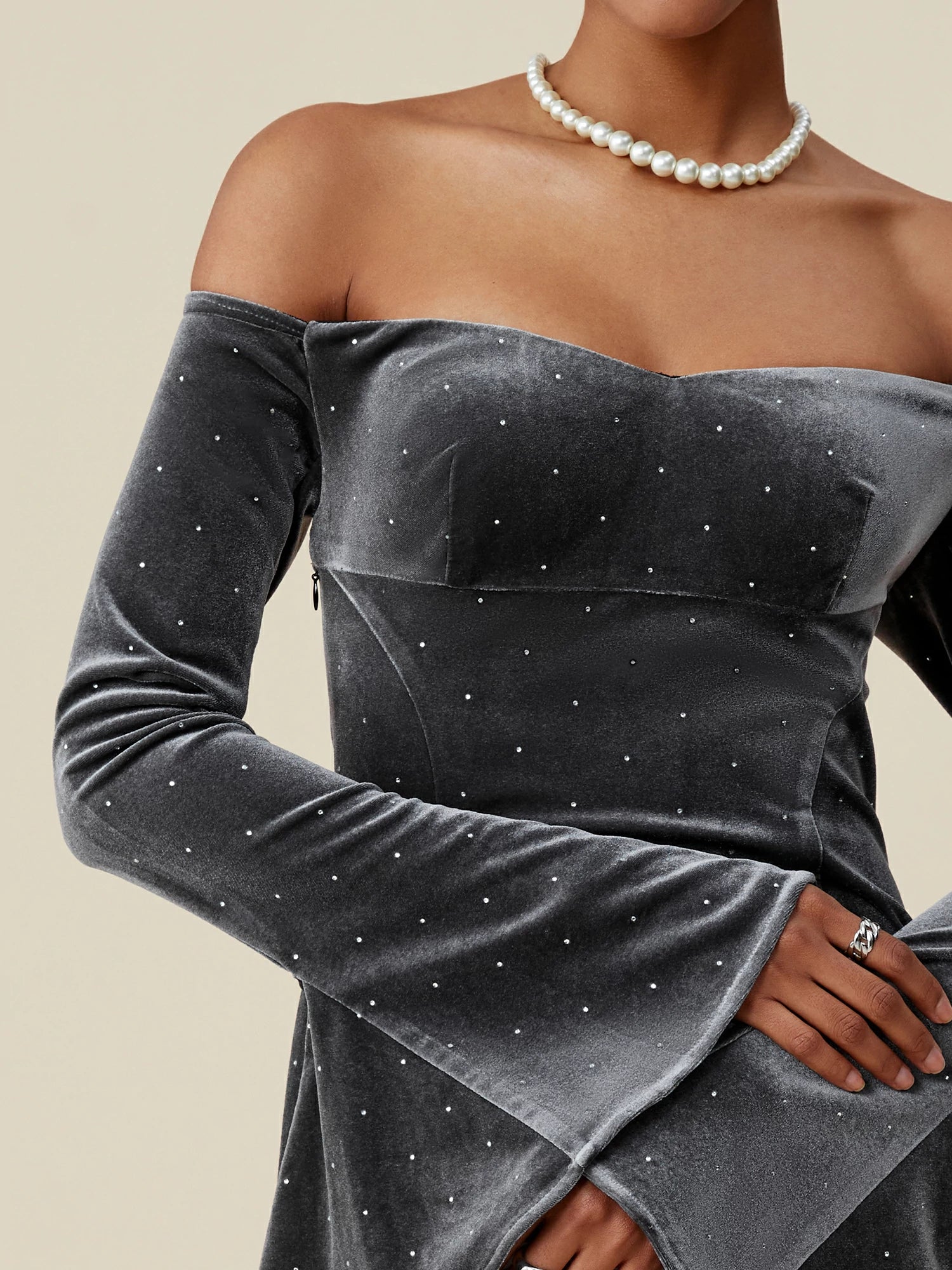 Velvet Rhinestone Long Sleeve Off-Shoulder Dress