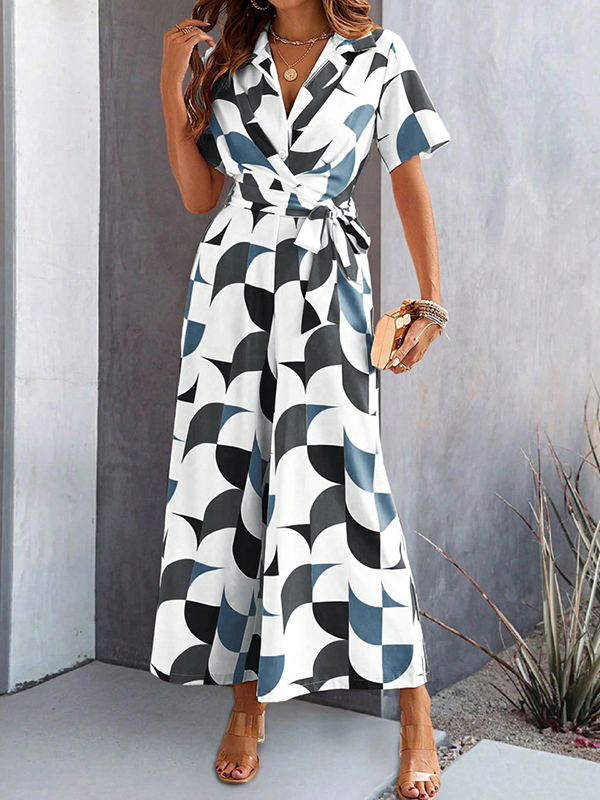Buttoned Contrast Color Tied Waist High Waisted Loose V-Neck Jumpsuits