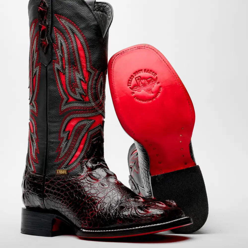 Black Cherry Giant Caiman Neck Leather Boots - Square Toe