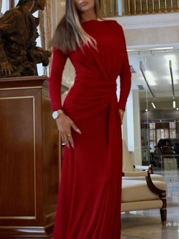 Solid Color Long Sleeves Mermaid Round-neck Maxi Dresses Evening Dresses