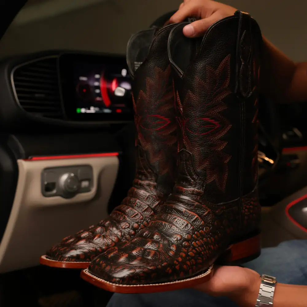 Copper Caiman Neck Leather Boots - Square Toe