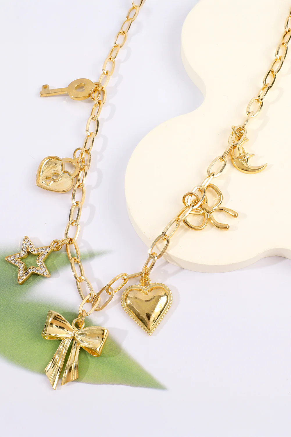 Gold Bow Heart Star Key Charm Alloy Adjustable Chain Necklace