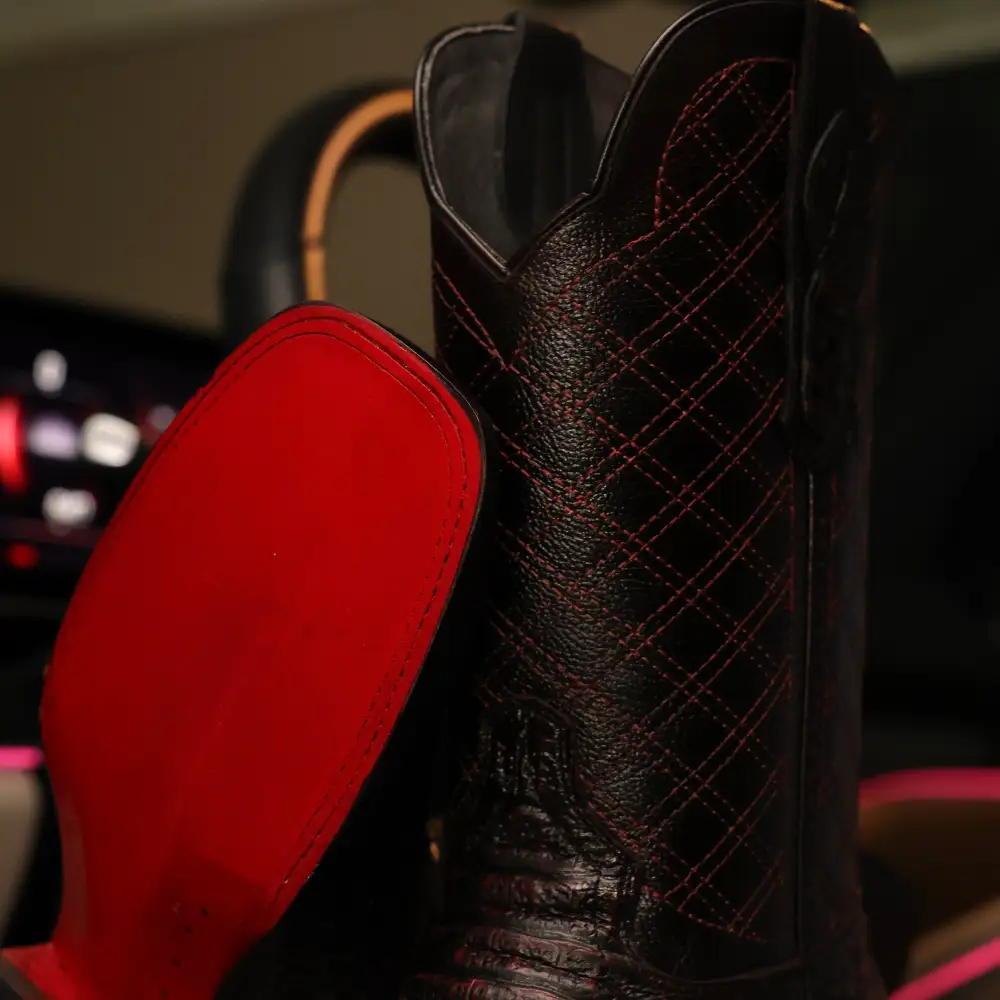 Black Cherry Caiman Neck Leather Boots - Square Toe