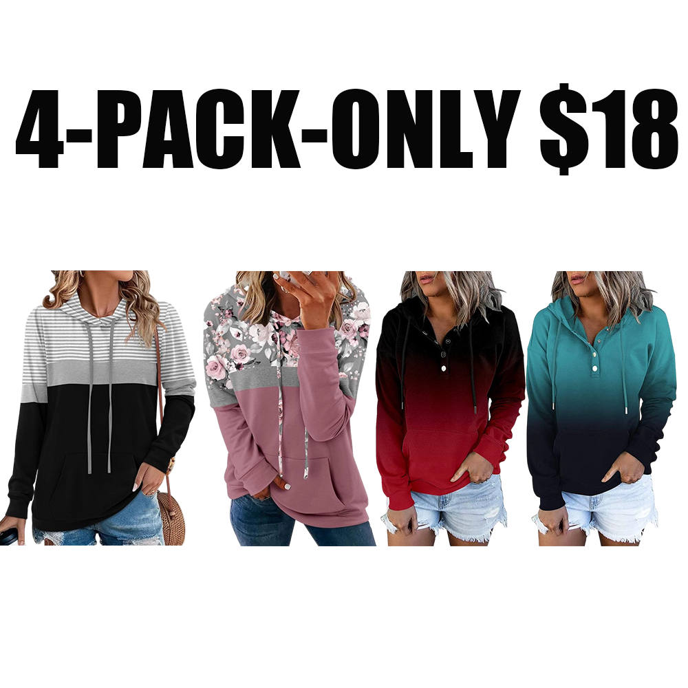 Womens Hooded Button Collar Drawstring Hoodies Pullover Sweatshirts