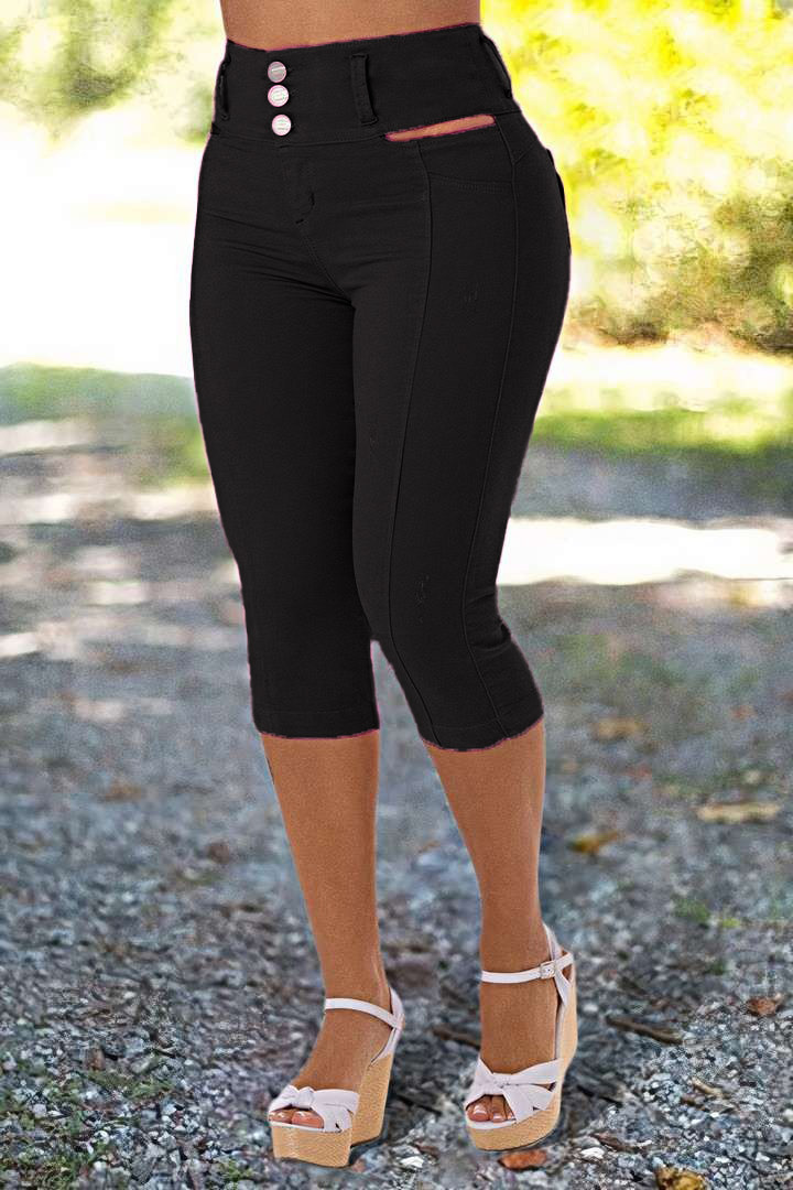 Solid Cut Out Waist Skinny High Waist Capri Jeans2