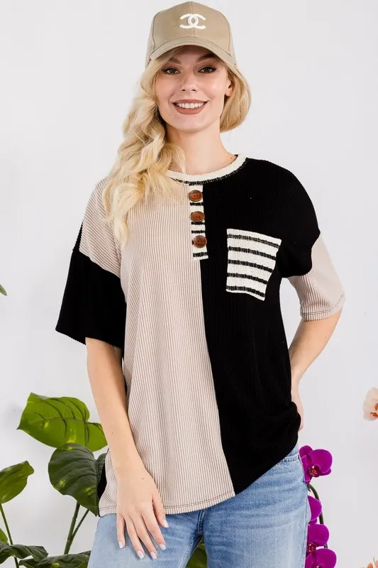 Celeste Full Size Rib Contrast Short Sleeve T-Shirt Plus SIze