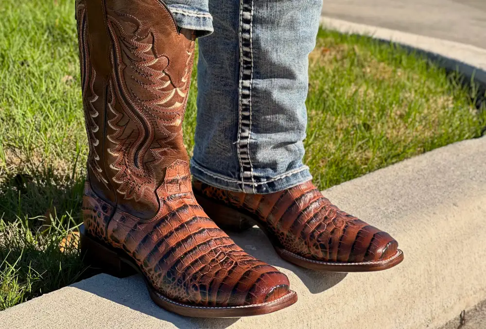 Men’s Cognac Caiman Belly Leather Boots With Brown Shaft