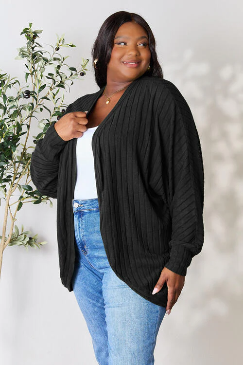 Full Size Ribbed Open Front Long Sleeve Cardigan