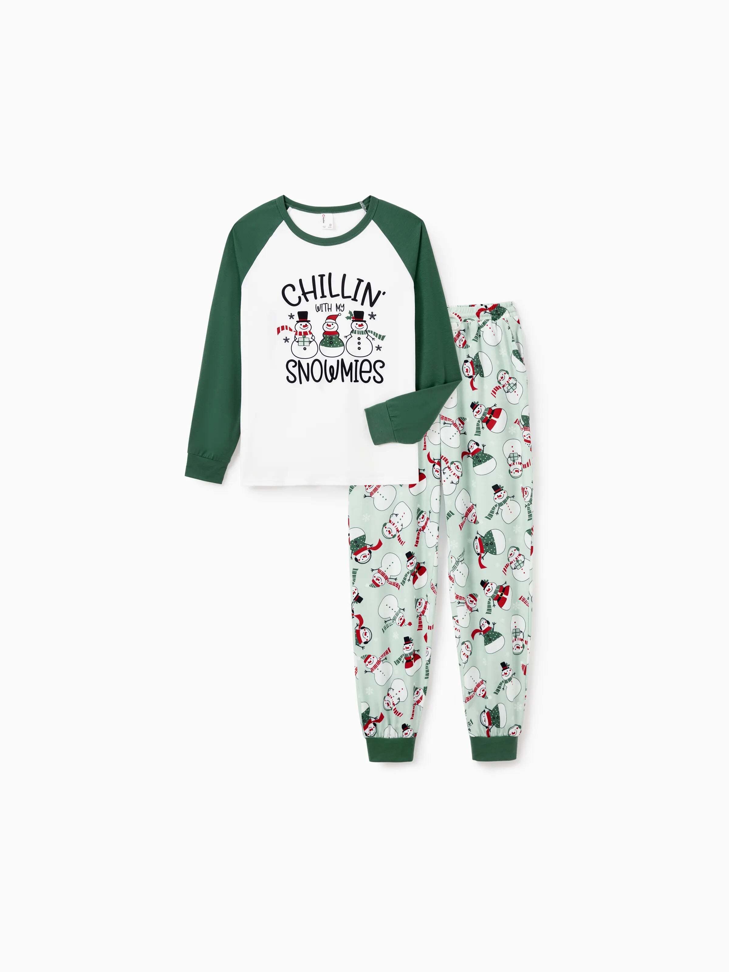 Christmas Matching Family Pajamas Set Christmas Snowman Print PJS with Christmas Socks Mint Green