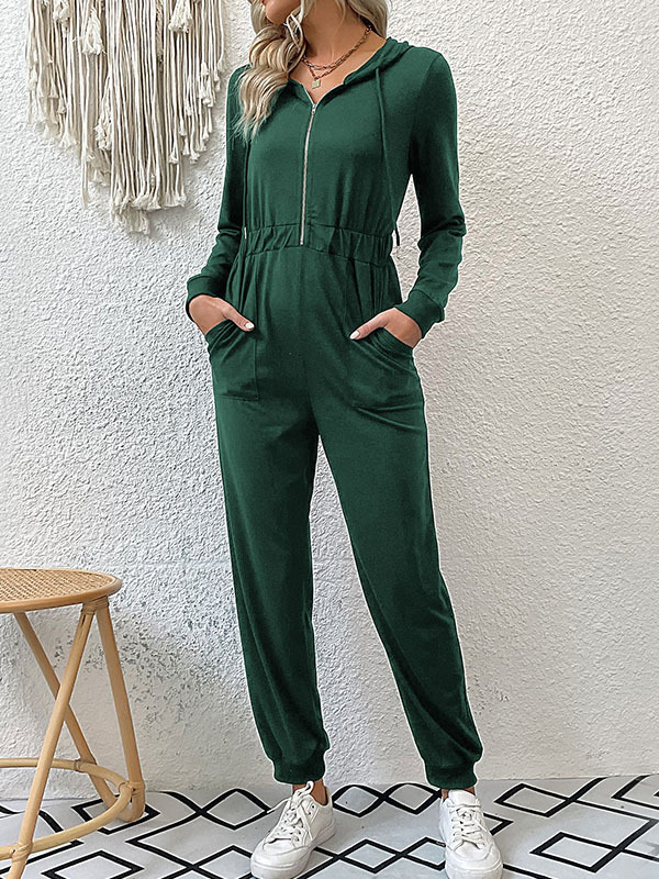 Elasticity Split-Joint Zipper Skinny Hooded Jumpsuits