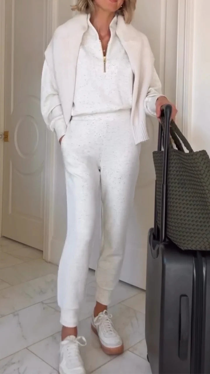 Women Stand-up Collar Half Zipper Top + Pants Casual Suit